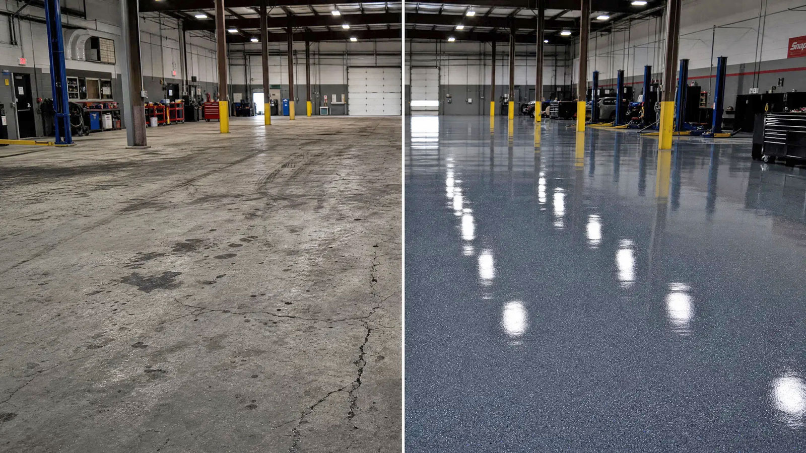 Commercial floor coating before-and-after image